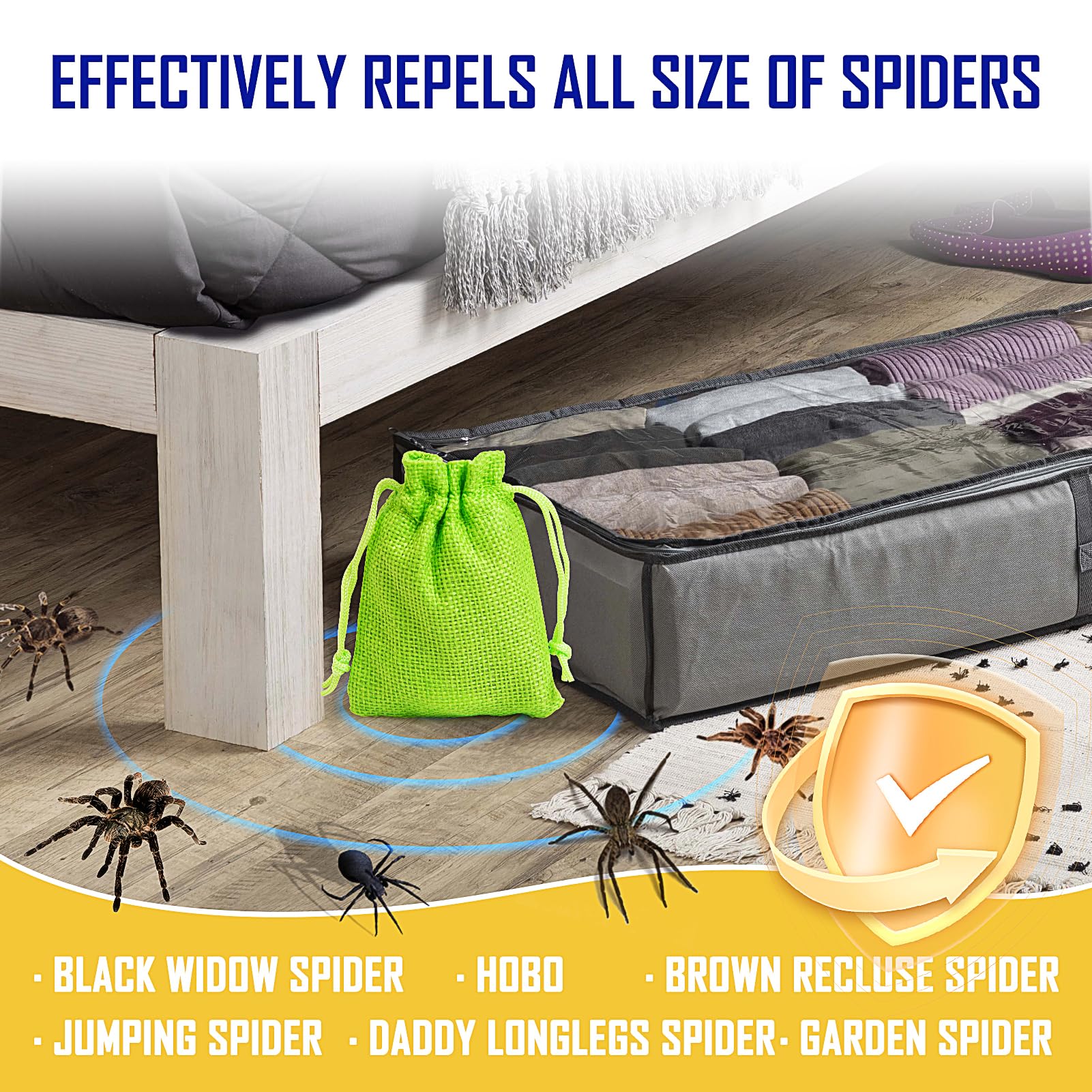 SEEKDIT spider repellent pouch closeup shows peppermint and lemongrass ingredients.