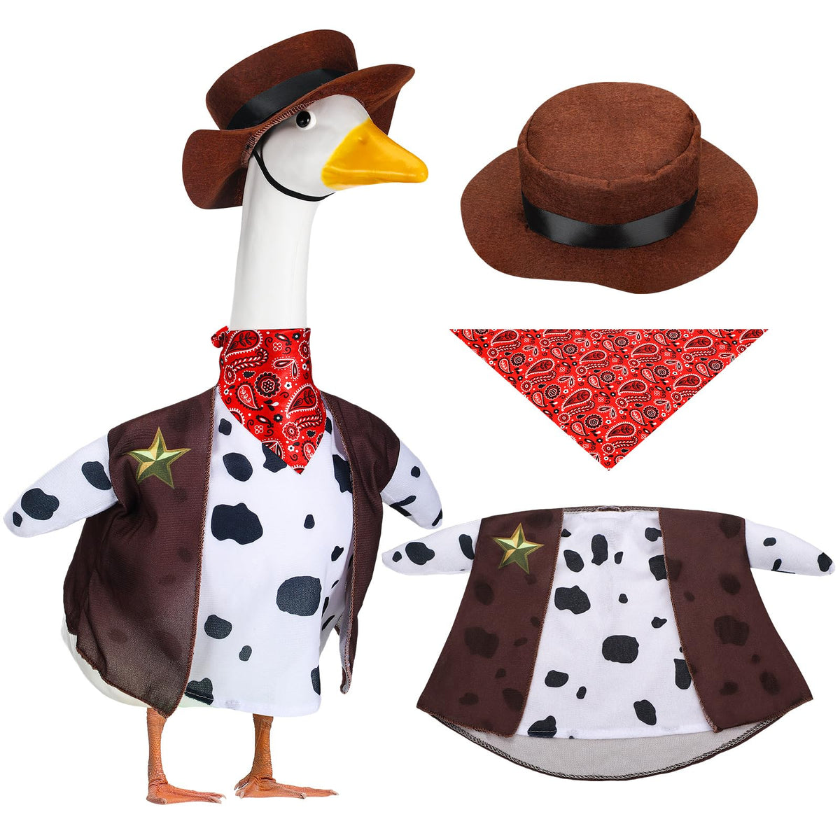 Seenelling western porch goose outfit with cowboy coat enhances yard decor for festive curb appeal.