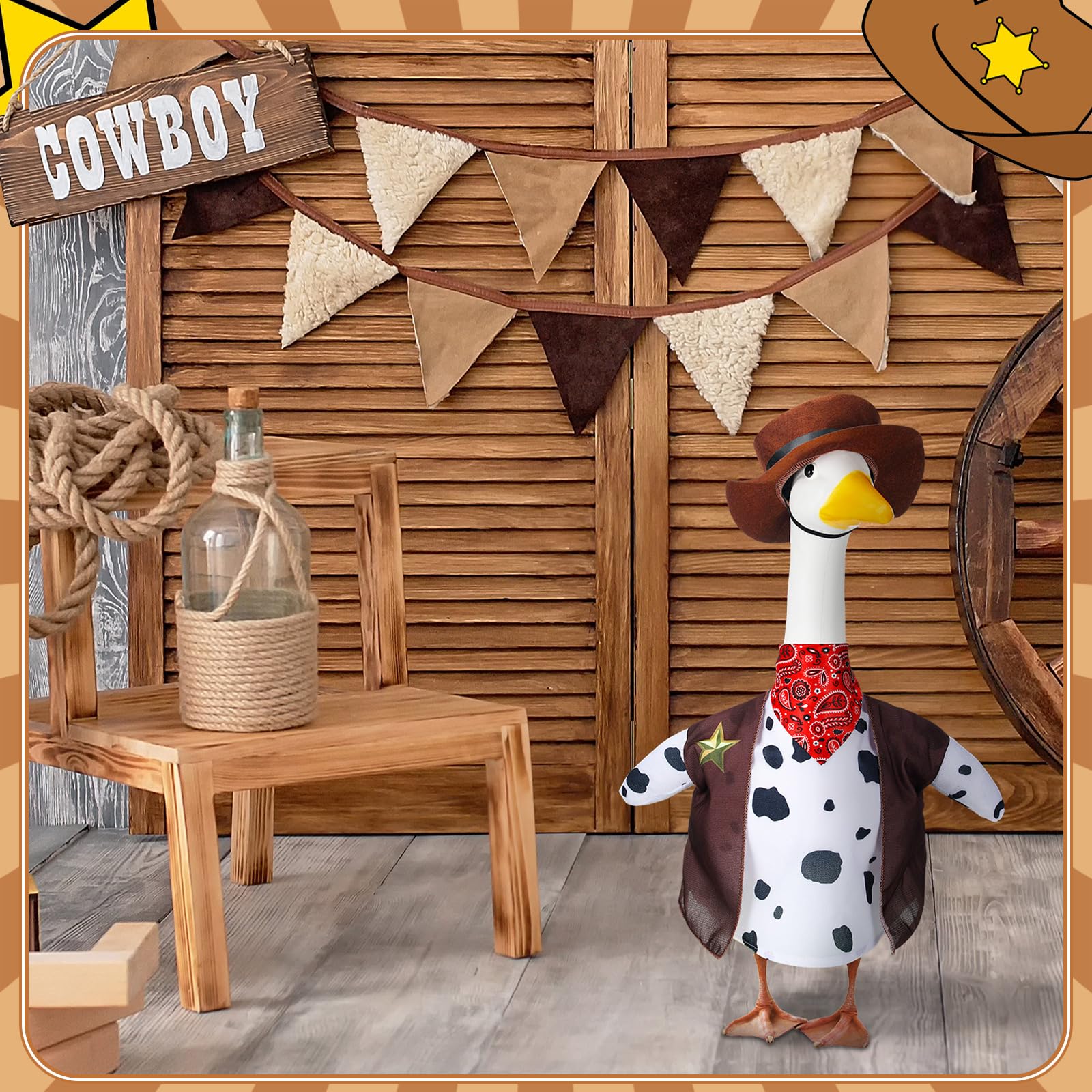 Seenelling goose wearing outfit on lawn creates eye catching centerpiece for garden parties.