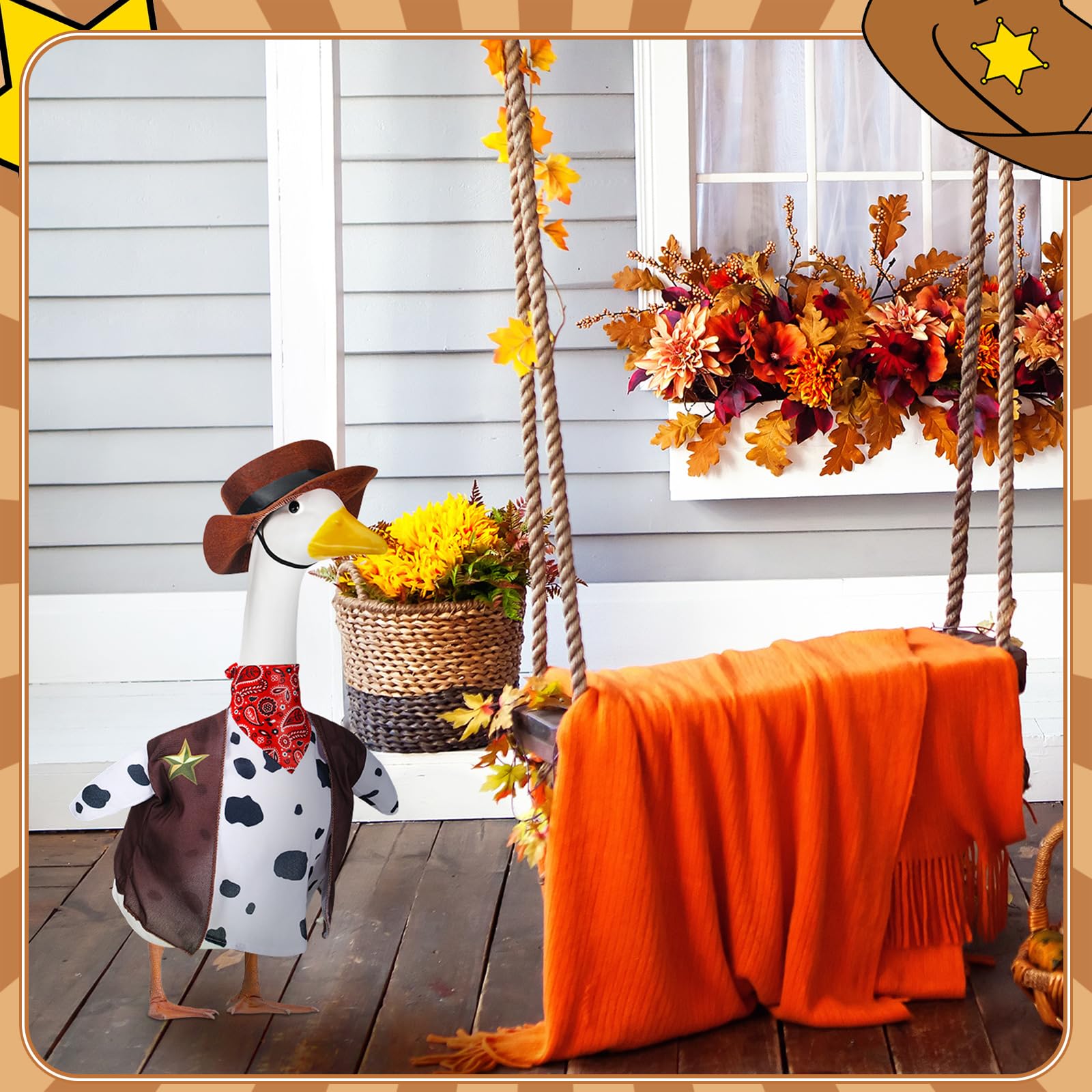 Seenelling porch goose outfit withstands outdoor weather for lasting use in yards.