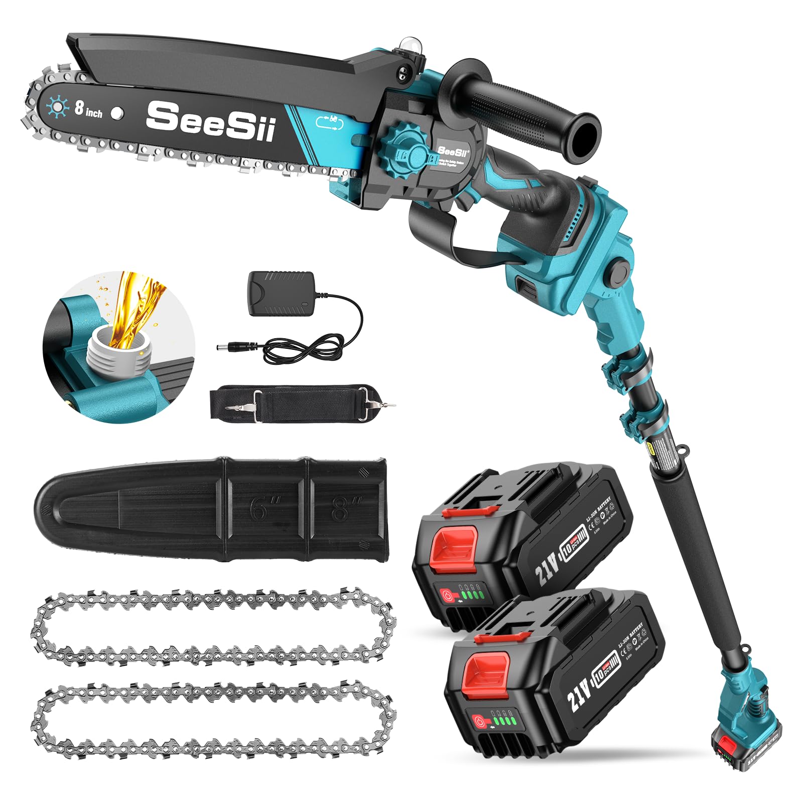 SEESII 2-in-1 pole saw handheld mode for precise ground-level pruning.