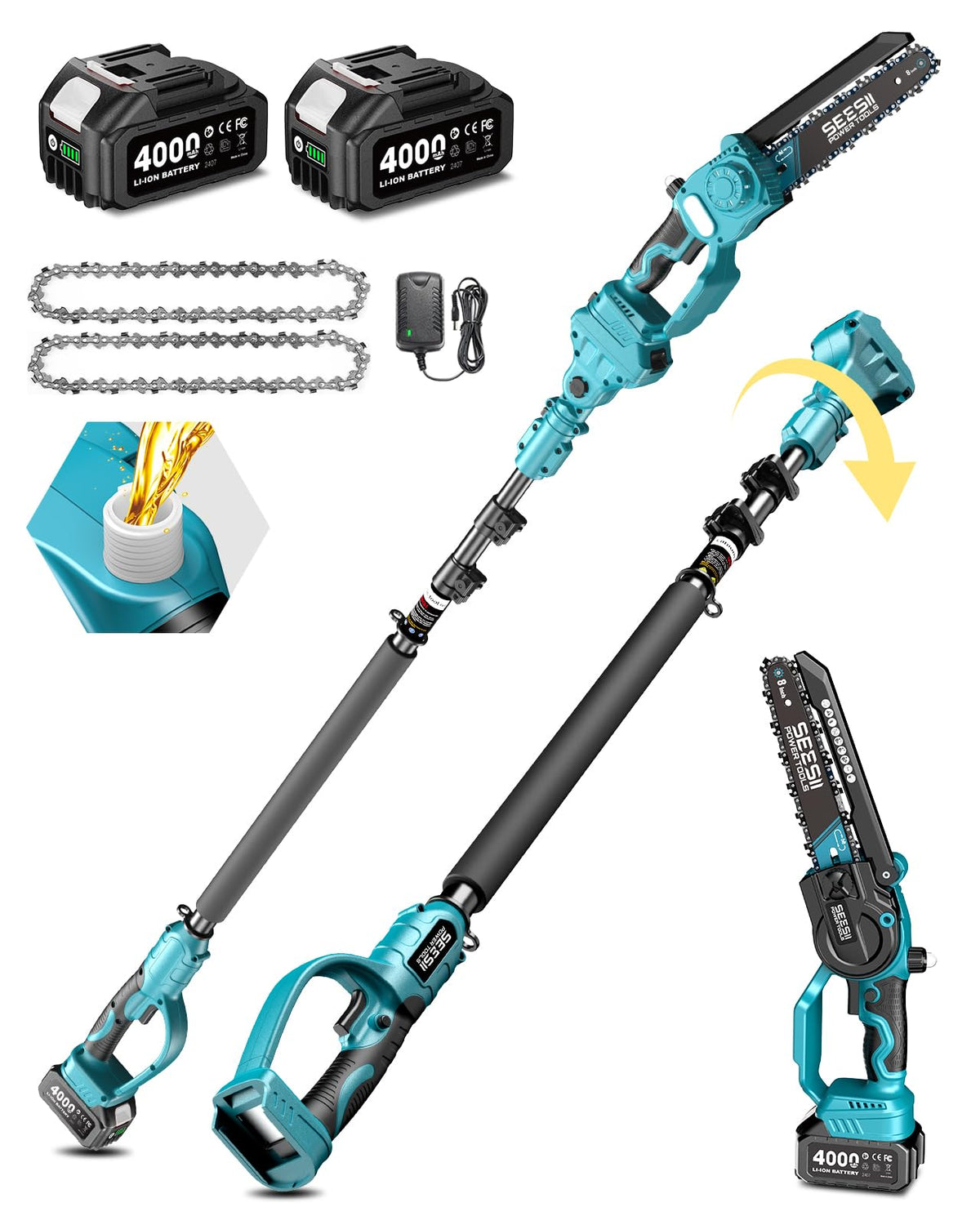 SEESII 2-in-1 cordless pole saw with extended pole for easy tree trimming.