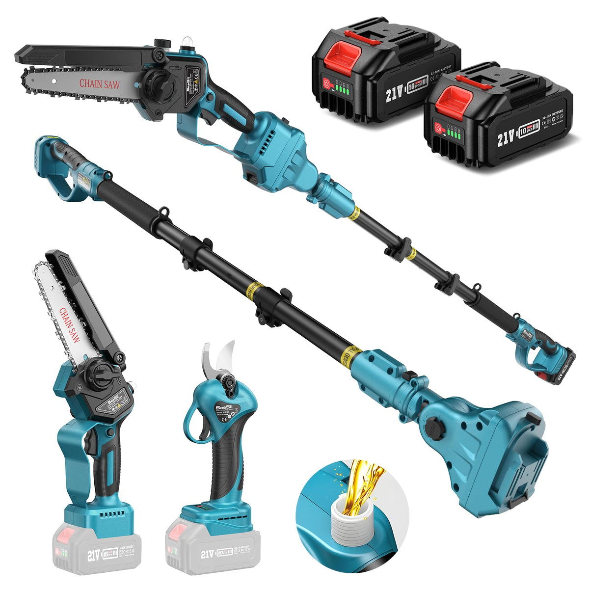 SEESII 4-in-1 pole saw and pruning shears kit in action for versatile yard trimming.