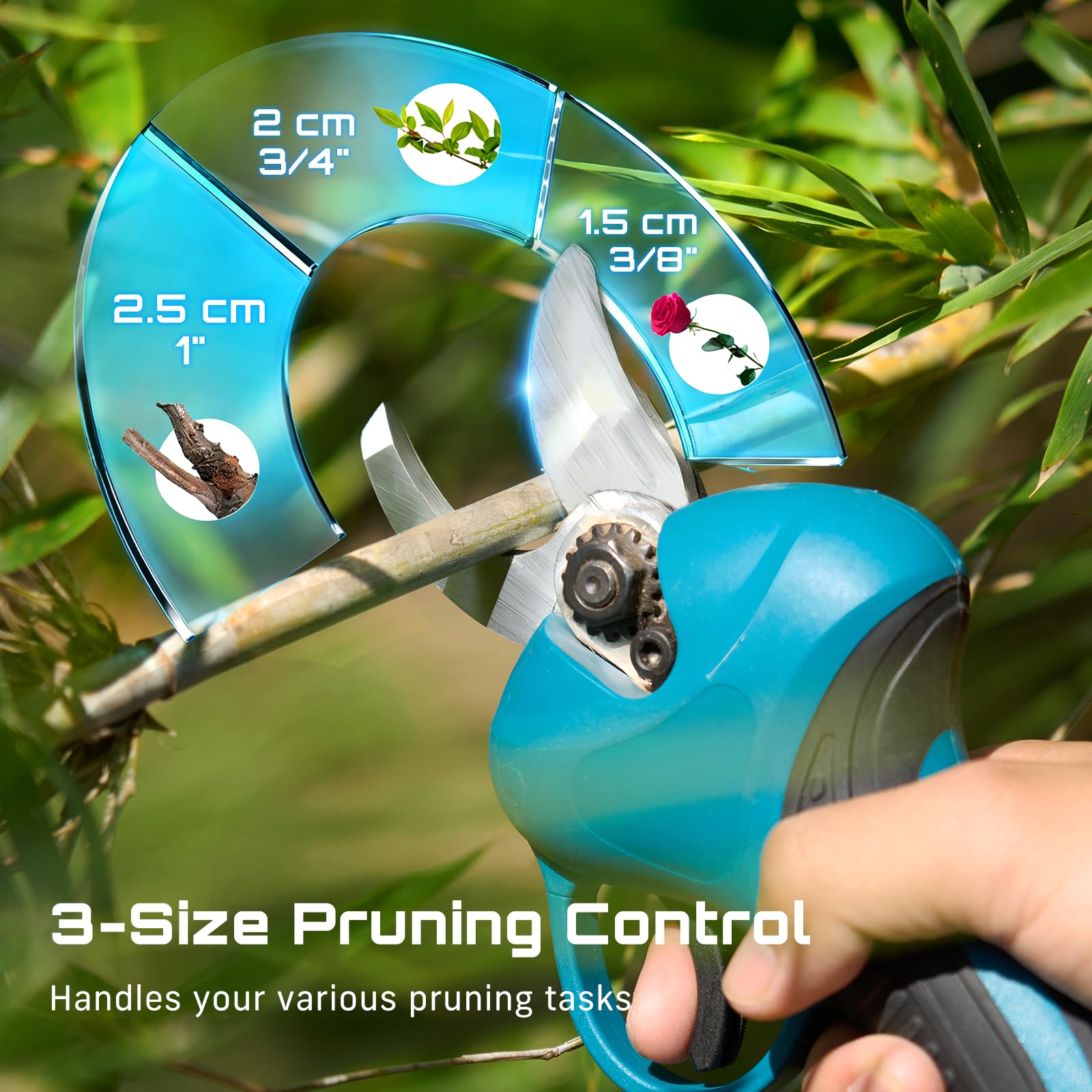SEESII rotating hedge head reaches tight corners and uneven terrain.