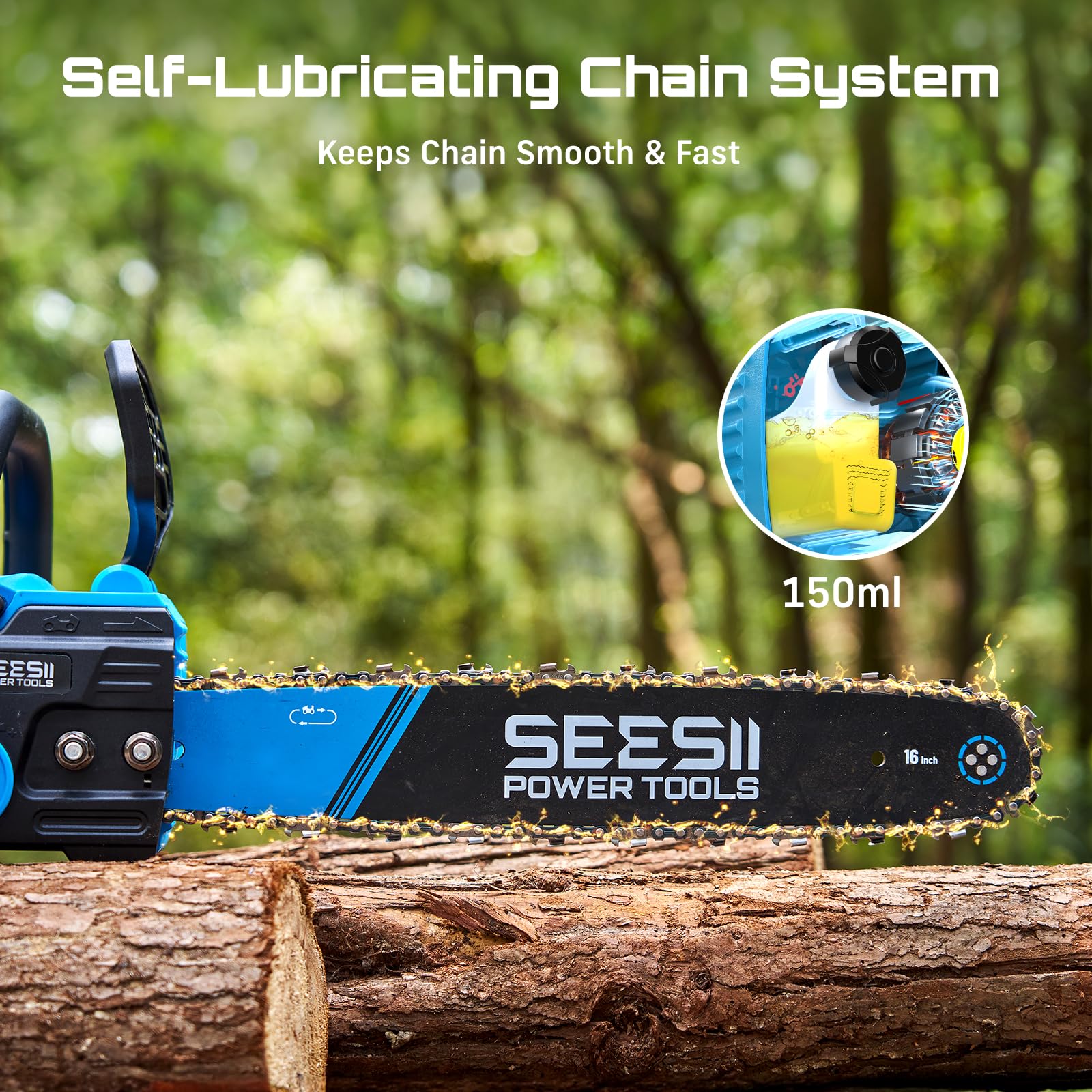 SEESII 40V 16-inch chainsaw safety features including chain brake and lock