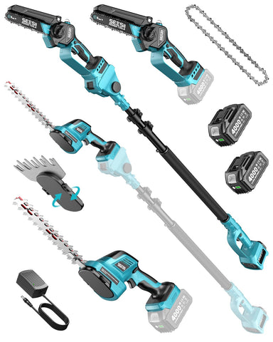SEESII 6-in-1 pole saw and hedge trimmer kit pruning high branches safely from the ground