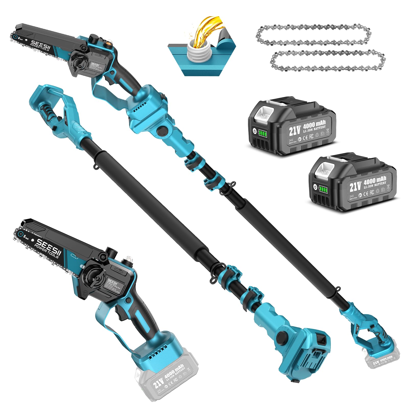 SEESII 6-inch mini chainsaw with extension pole in action for low-branch trimming