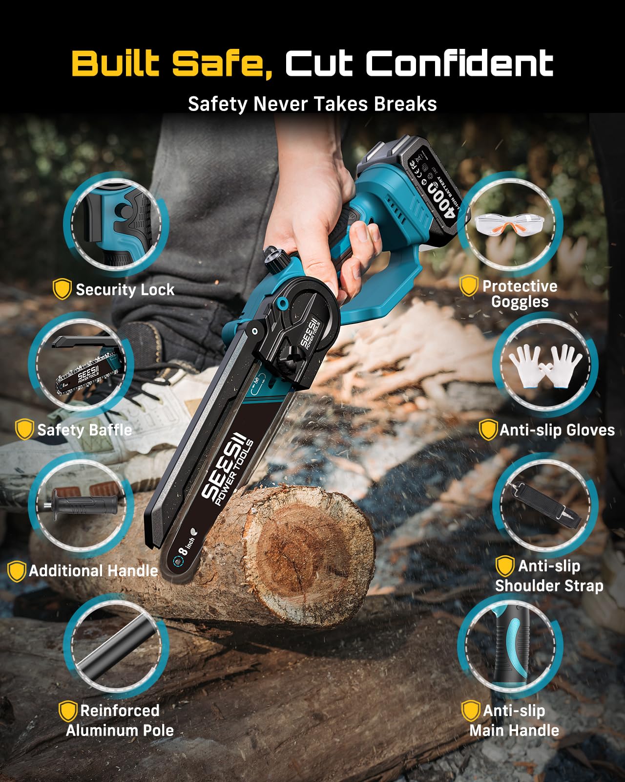 SEESII 800-watt motor powers fast cuts through 8-inch logs.
