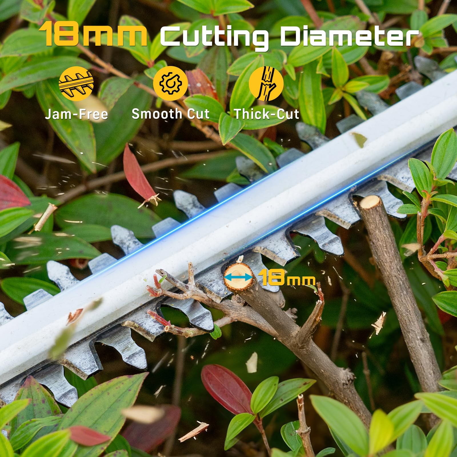 SEESII cordless hedge trimmer powered by two 4000mAh batteries for extended trimming.