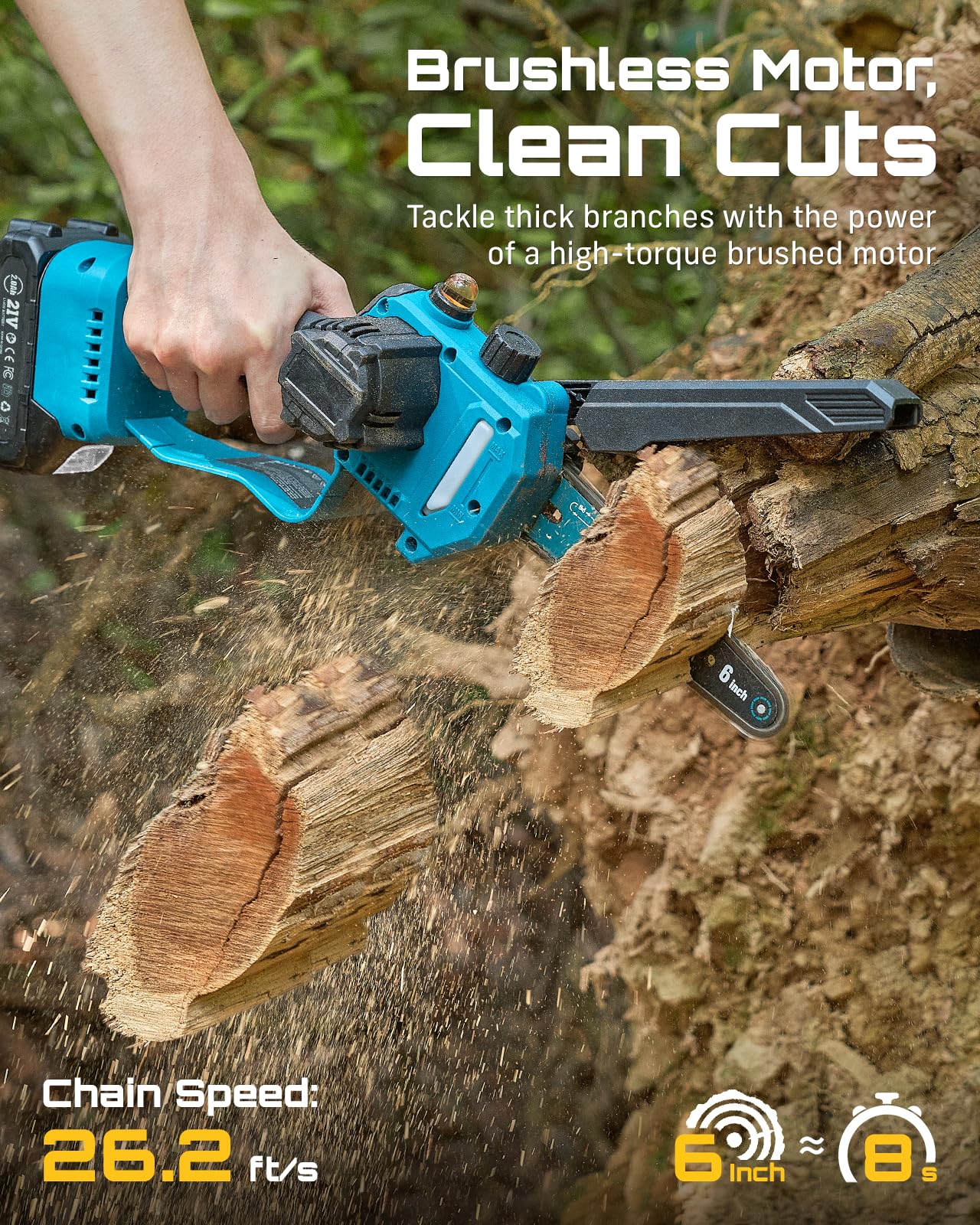 SEESII brush motor provides strong torque for 6-inch branch cuts