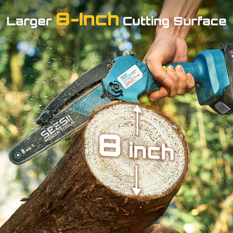 SEESII CH820+ saw in action cutting a log outdoors for DIY projects.