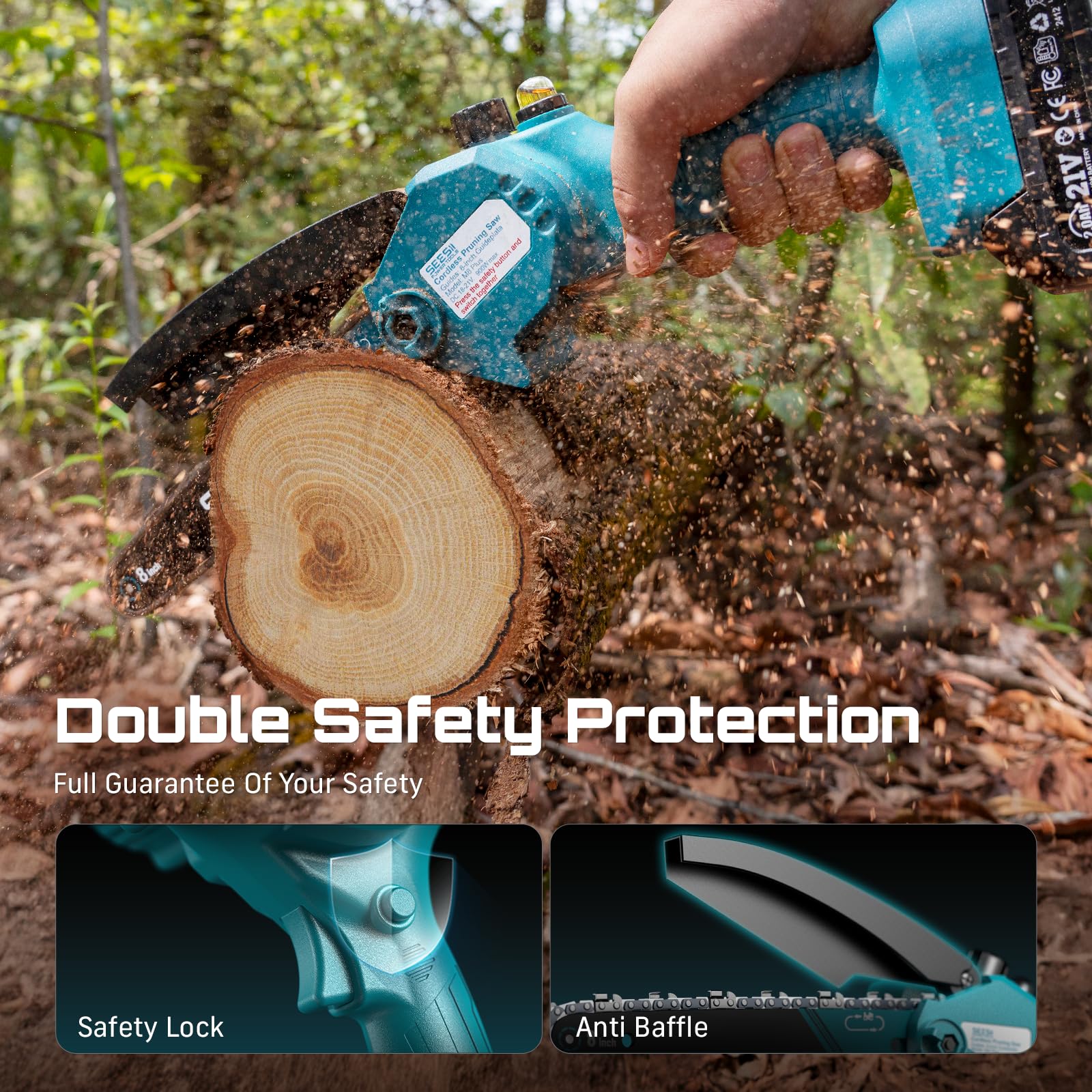 Splash guard protects hands during wood cutting.
