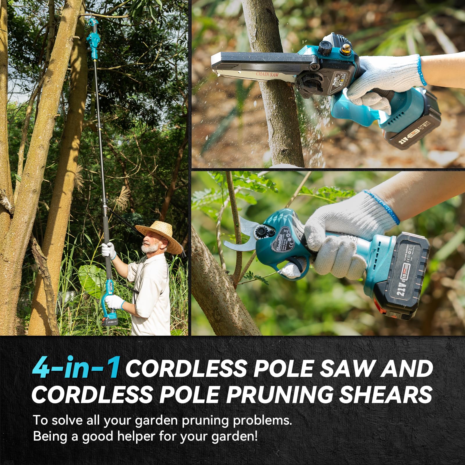 Complete SEESII kit with chainsaw, shears, pole, batteries, and safety gear.