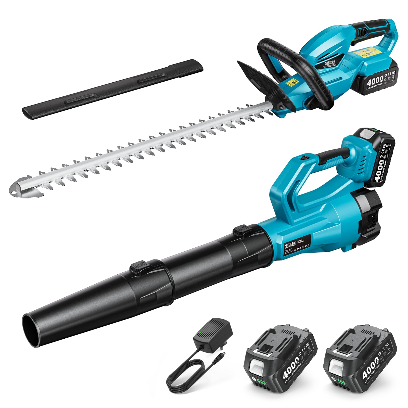 SEESII cordless hedge trimmer in action with 20-inch dual‑action blade for clean trims