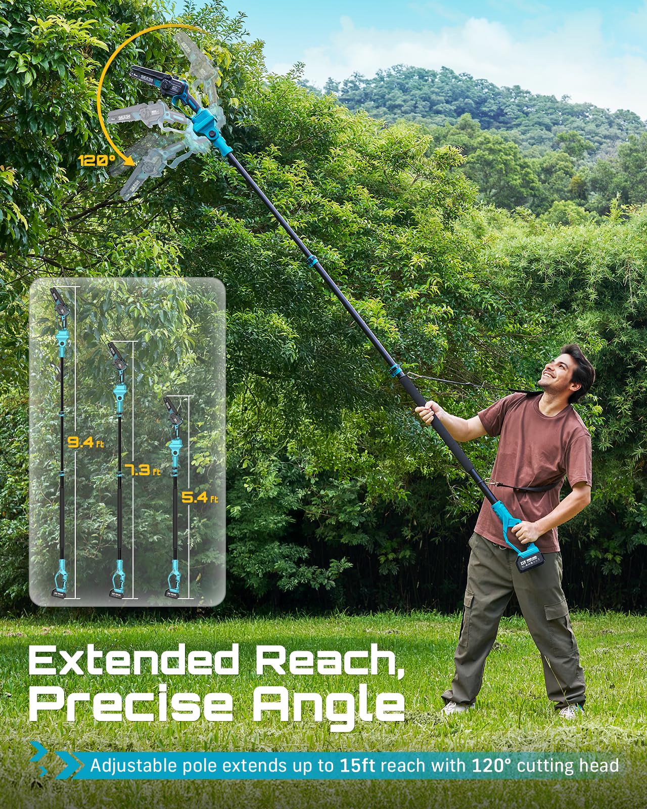 SEESII cordless pole saw extended reach up to 10 feet for tall branches