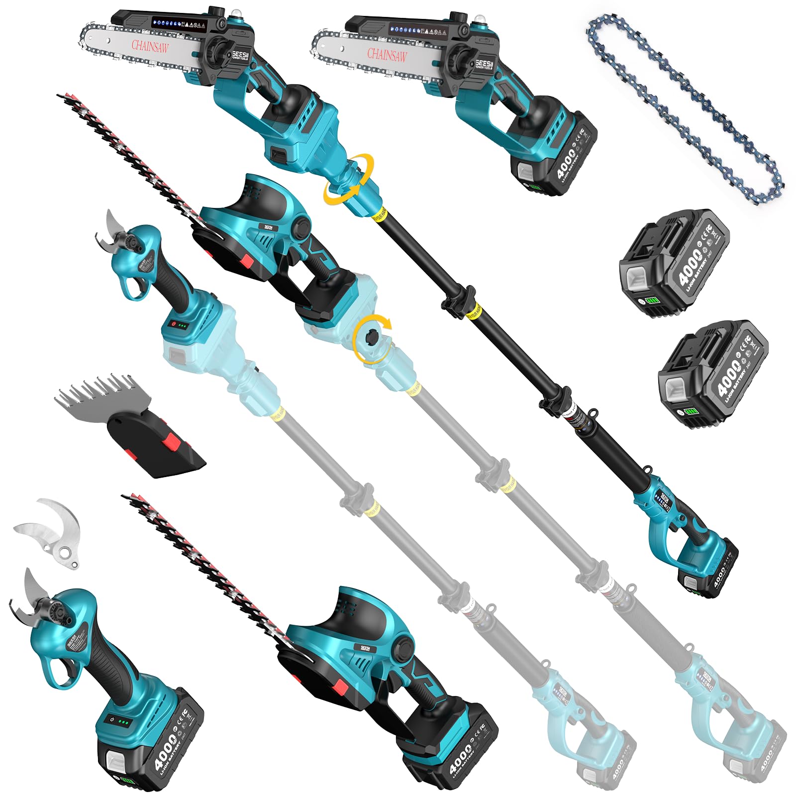SEESII cordless pole saw extended reach for safe overhead trimming.