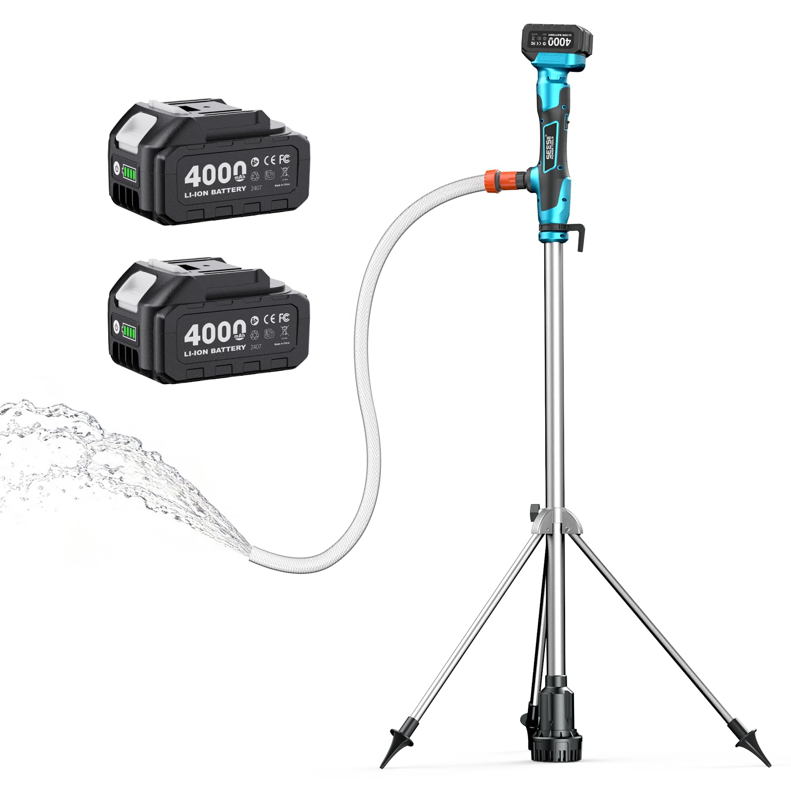Seesii cordless pump on tripod for hands-free drainage tasks.
