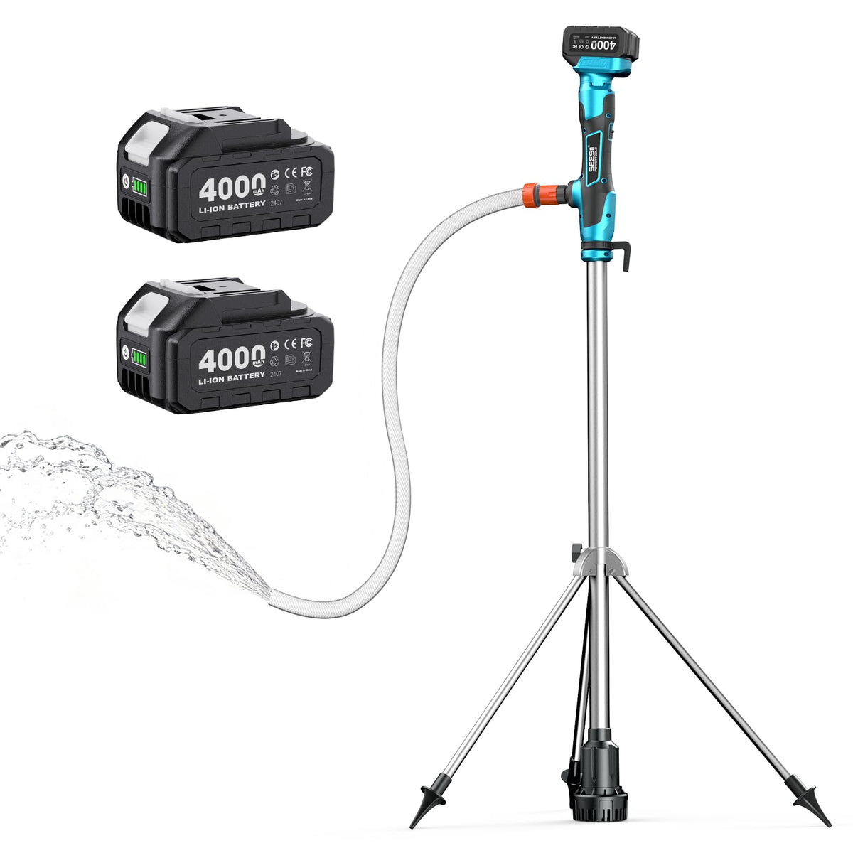 Seesii cordless pump on tripod for hands-free drainage tasks.