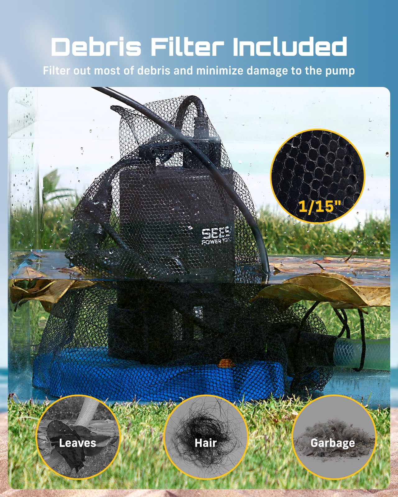 Seesii debris filter net reduces clogs during draining tasks