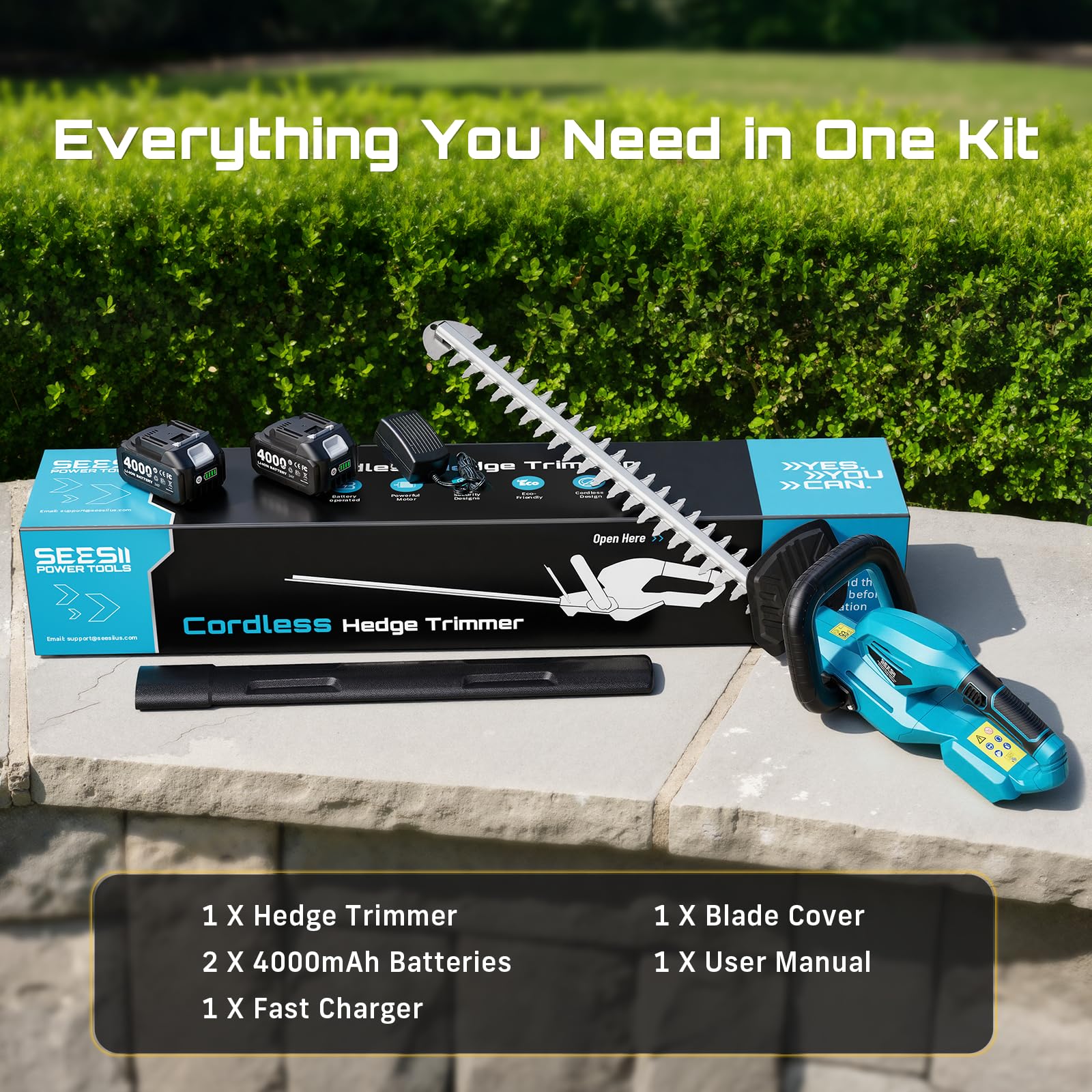 SEESII dual-battery setup enhances garden trimming performance and runtime.