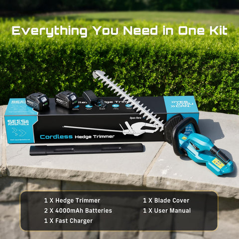 SEESII dual-battery setup enhances garden trimming performance and runtime.