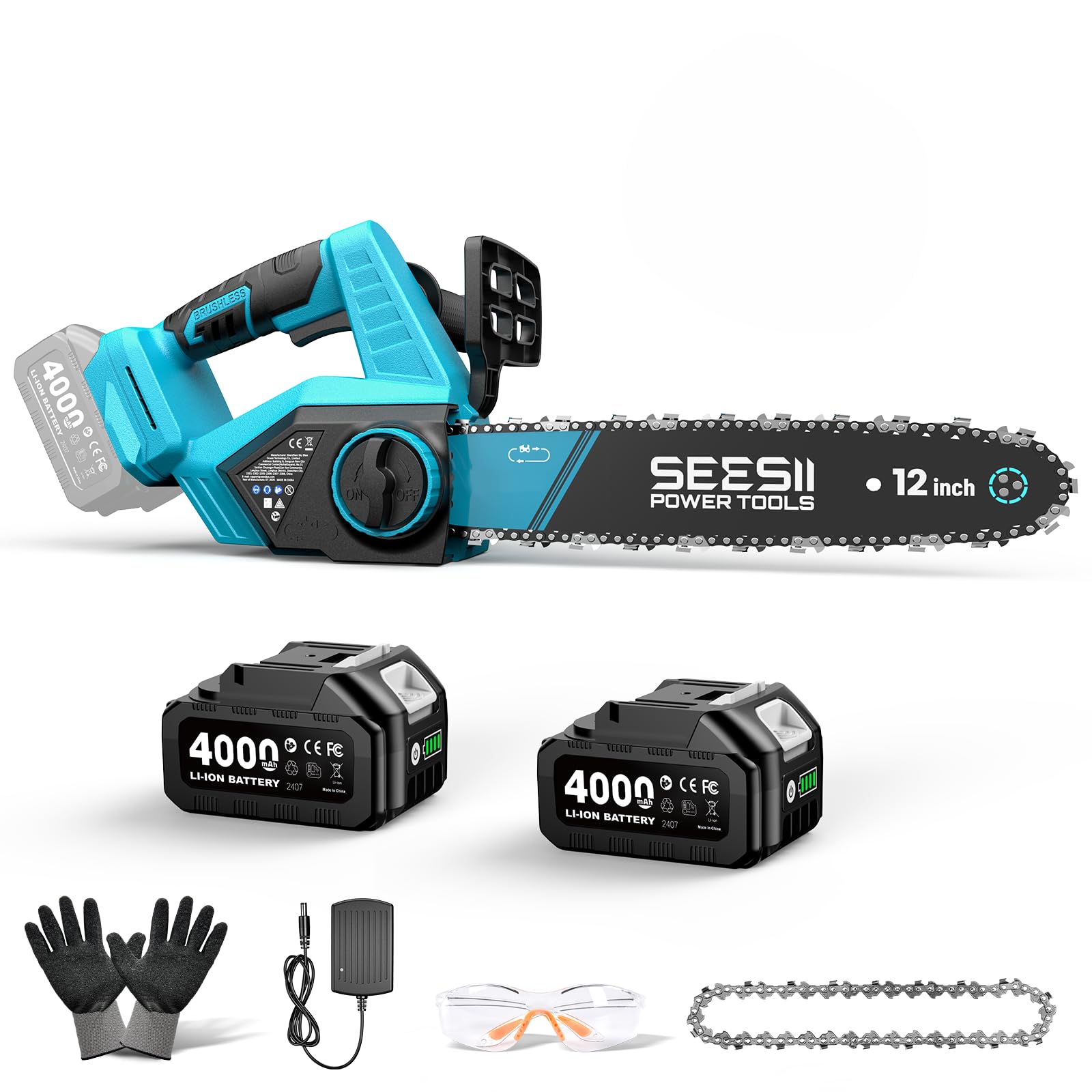 Seesii electric chainsaw with 12-inch bar cutting wood smoothly for home projects
