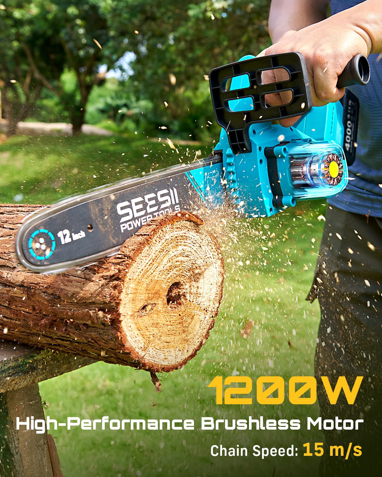 Seesii 12-inch cutting bar in action cutting logs