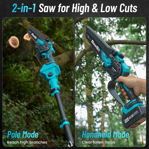 SEESII 10 ft reach extension enables safer pruning of higher branches.