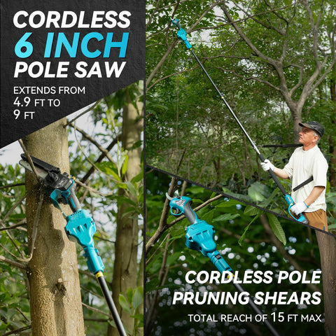 Extension pole attached to SEESII pruner enabling safer reach.