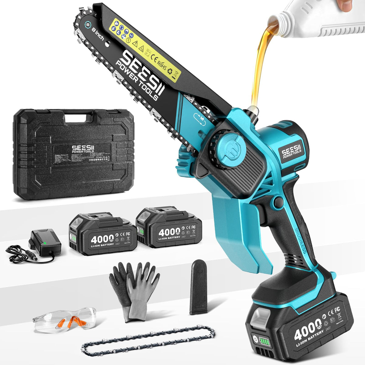 SEESII flagship 8-inch cordless chainsaw with battery pack for extended cutting sessions