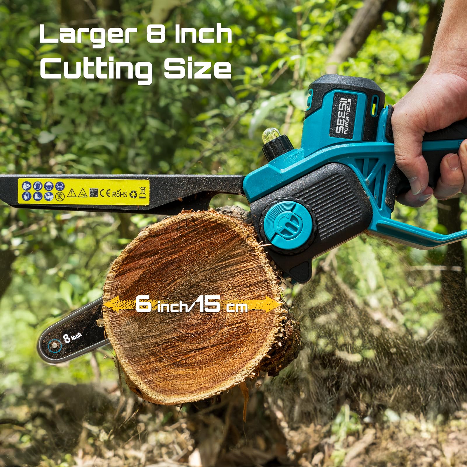 SEESII 8-inch guide bar and chain ready for precise pruning tasks