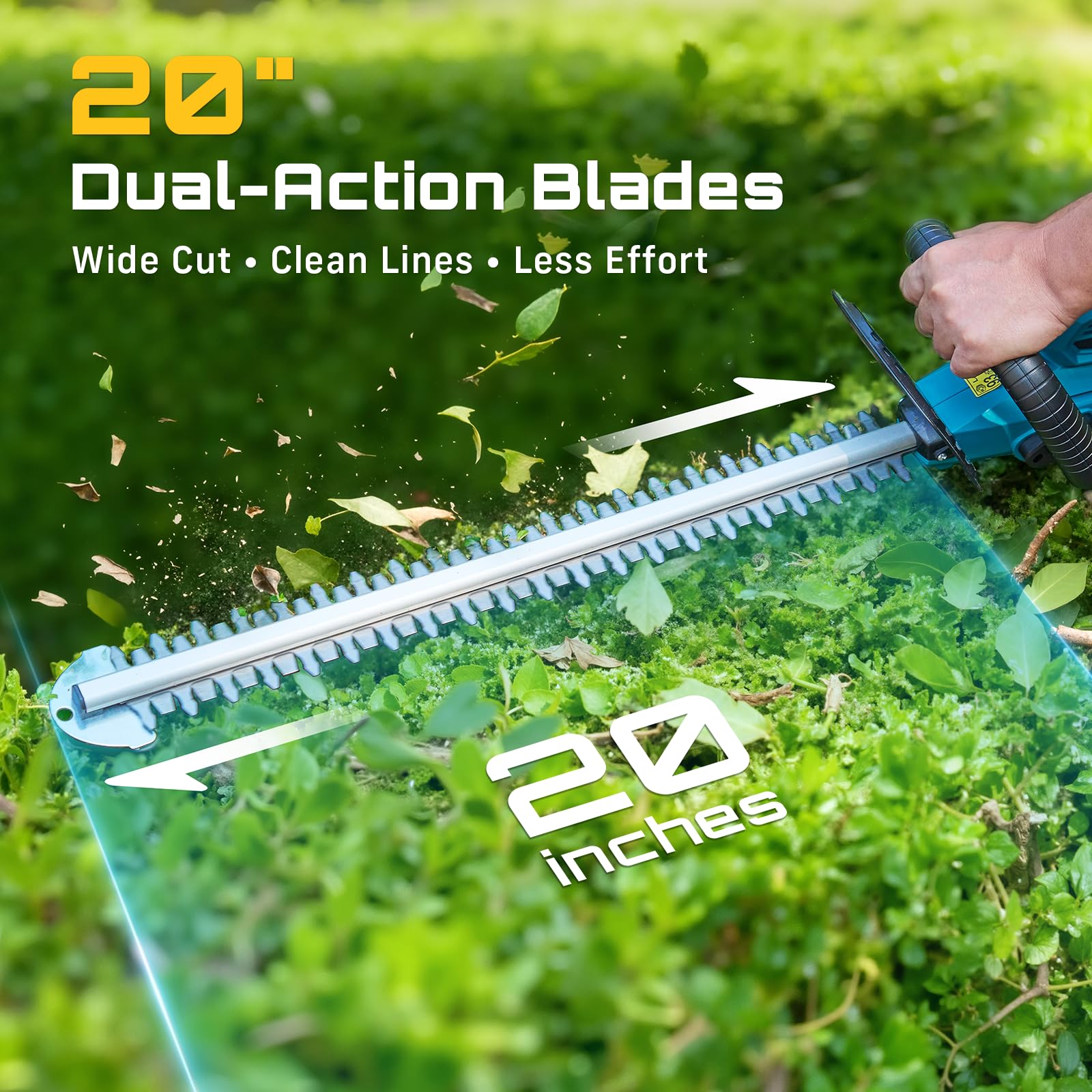 SEESII hedge trimmer showing dual-action blades for smooth cuts on dense shrubs.