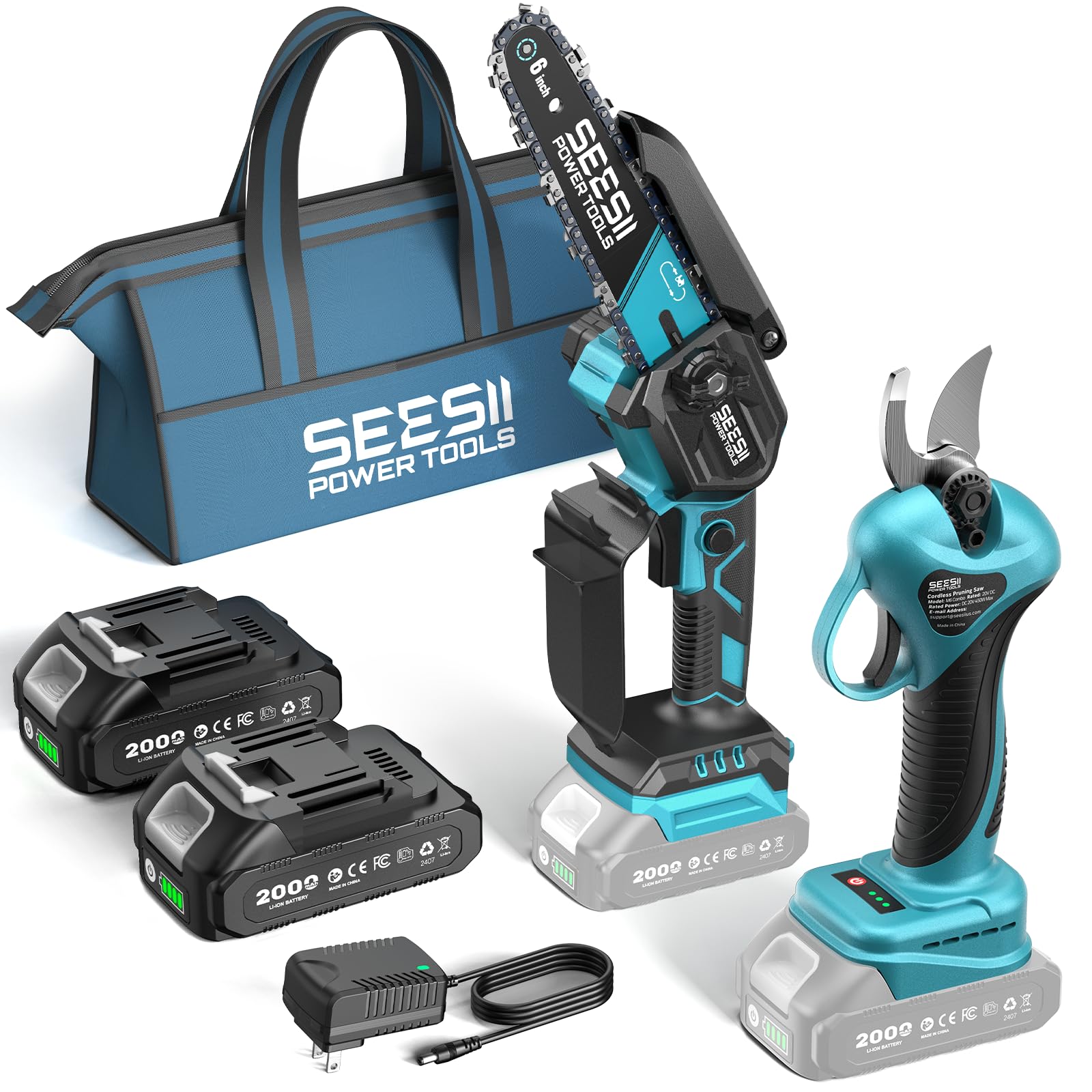 Seesii mini chainsaw in use for fast branch trimming outdoors