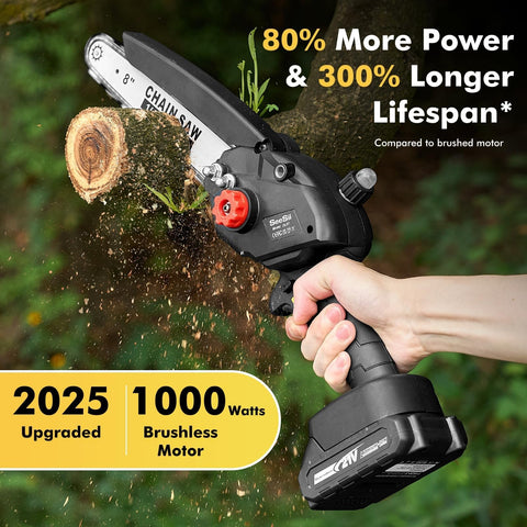 Seesii mini chainsaw 8inch battery duo powers cordless sessions away from outlets.