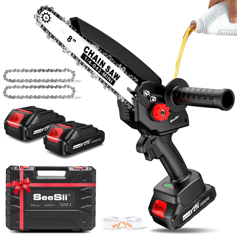 Seesii mini chainsaw 8inch brushless motor delivers smooth cutting for dense wood.