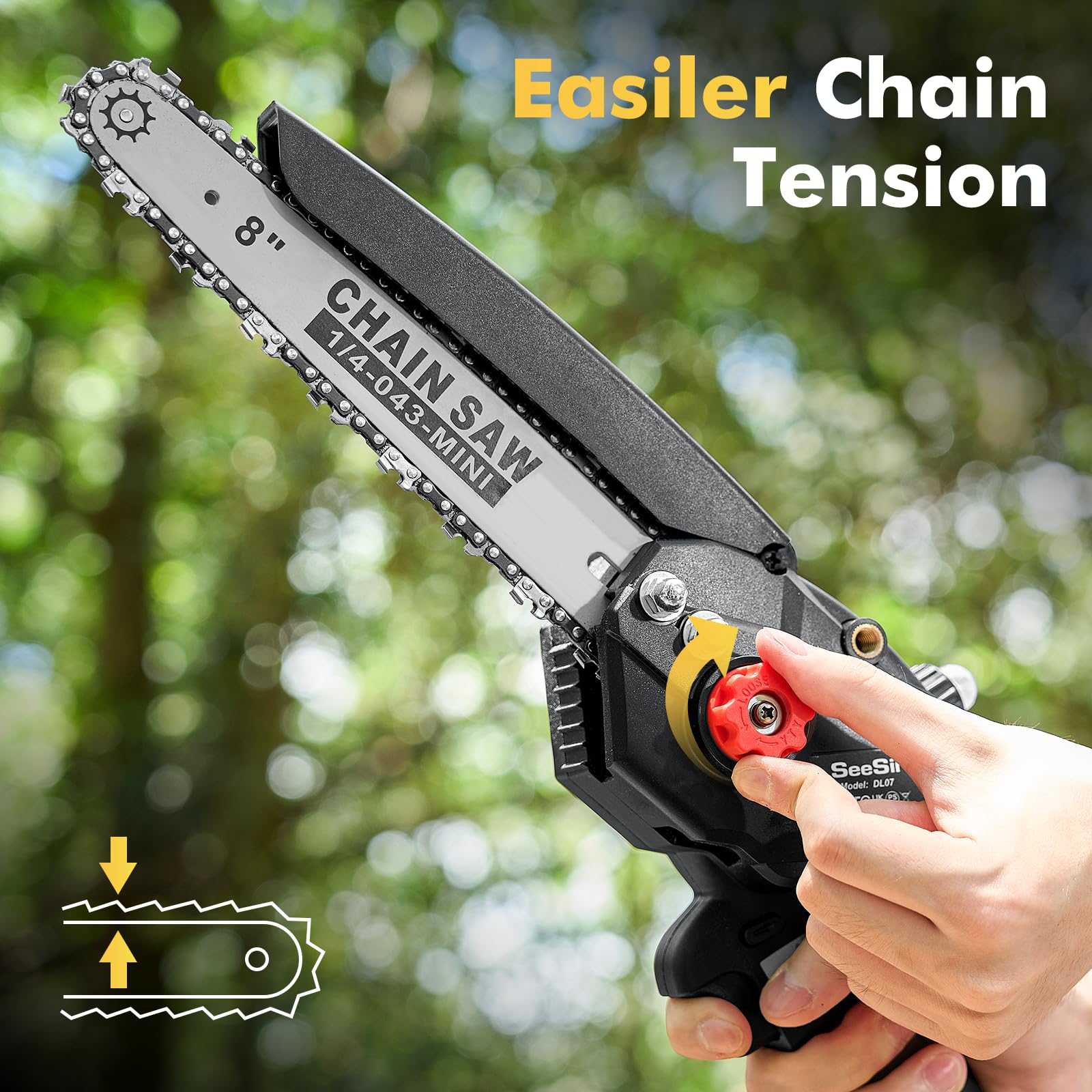 Seesii mini chainsaw 8inch ideal for camping firewood and trail maintenance.