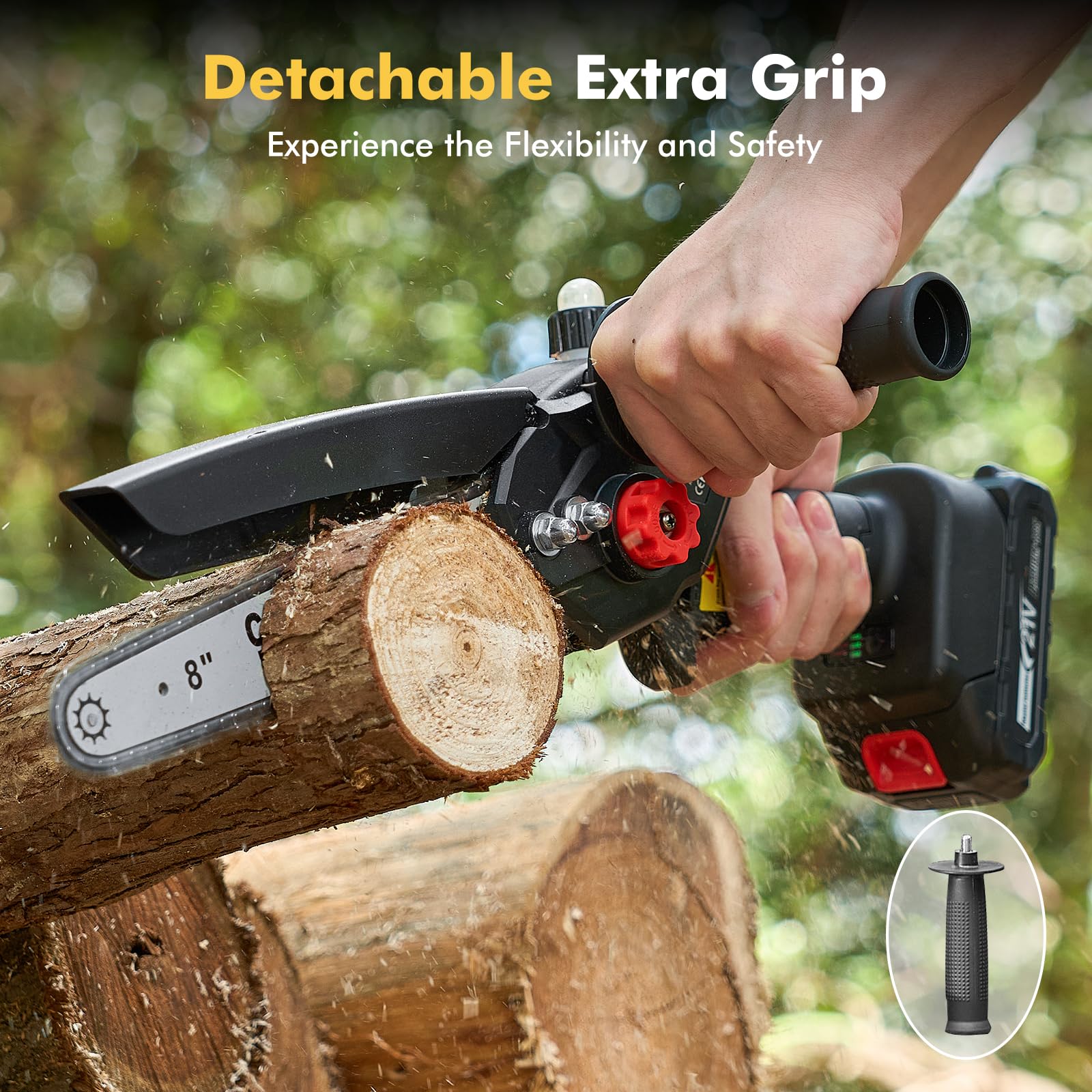 Seesii mini chainsaw 8inch compact storage ideal for trips and remote jobs.