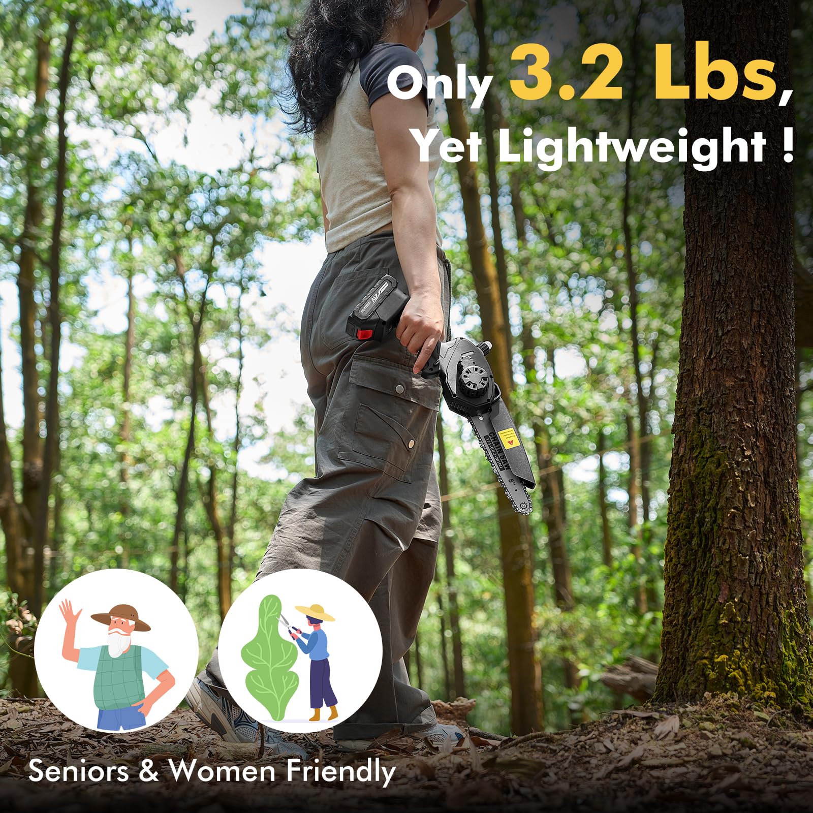 Seesii mini chainsaw 8inch ergonomic handle reduces fatigue during yard work.