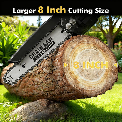 Seesii mini chainsaw 8inch guide bar enables fast, clean limb cuts.