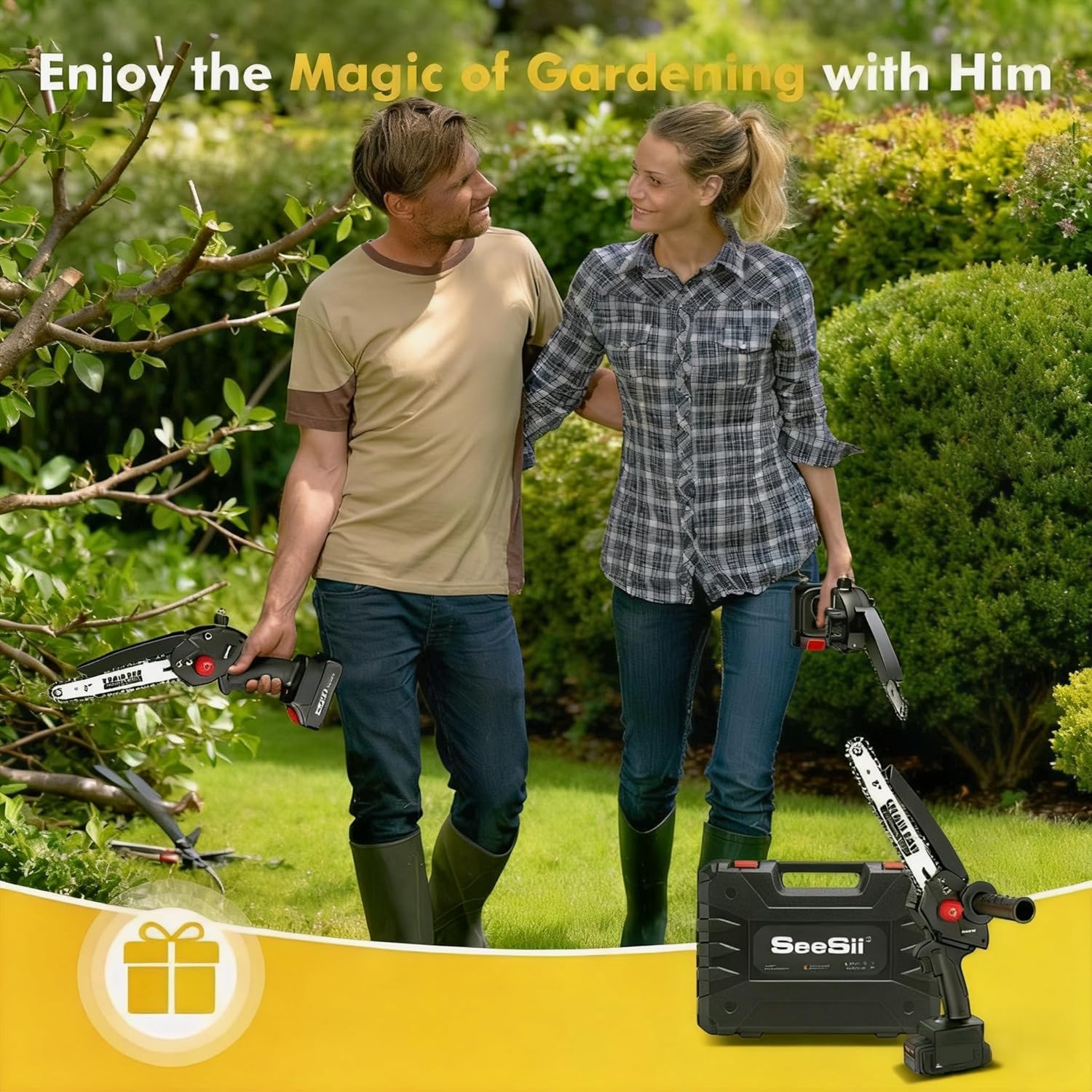 Seesii mini chainsaw safety kit includes lock, goggles, and gloves for safe use.
