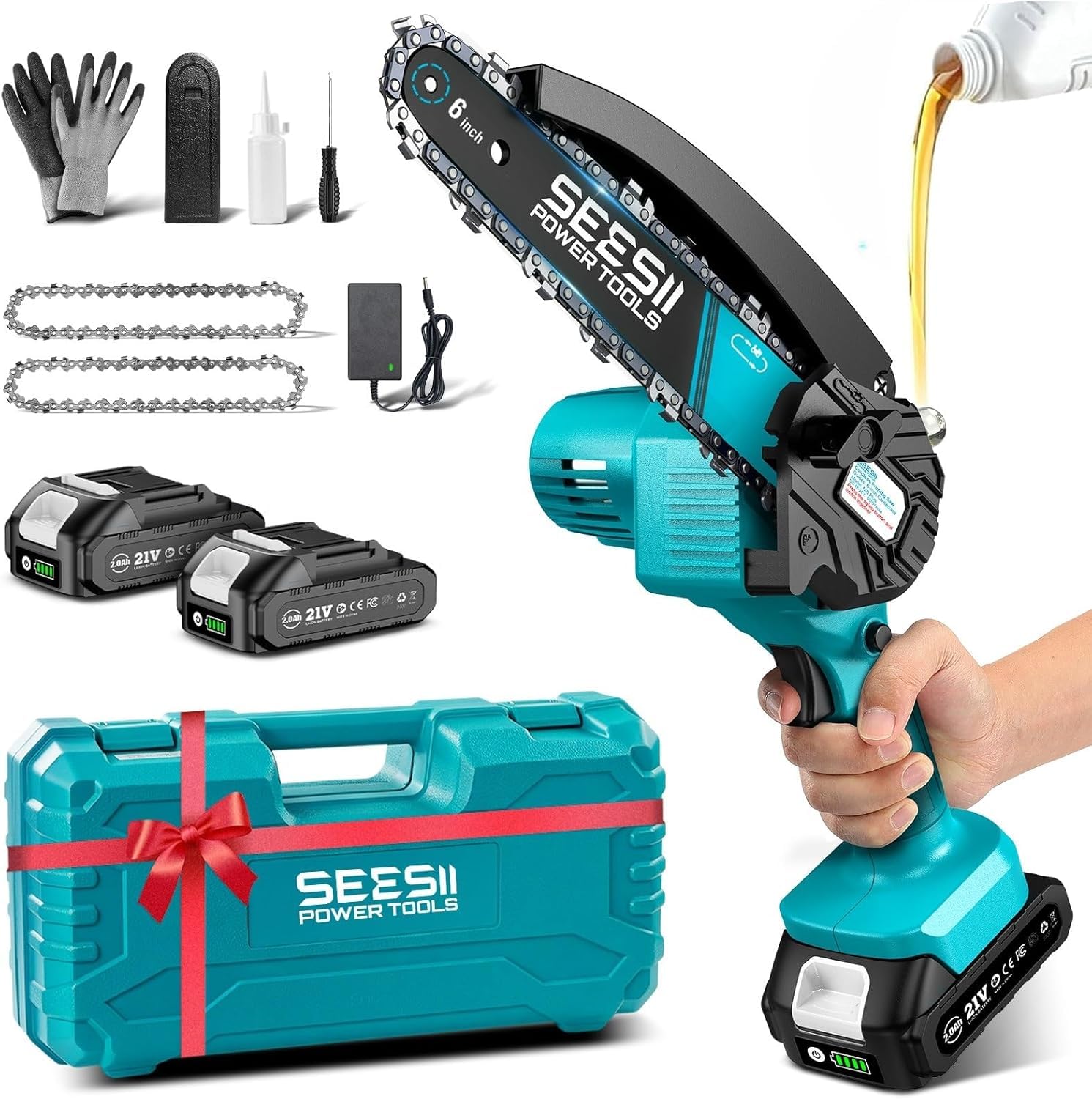 Seesii mini chainsaw front view shows compact power for easy handling