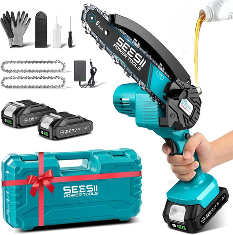 Seesii mini chainsaw front view shows compact power for easy handling
