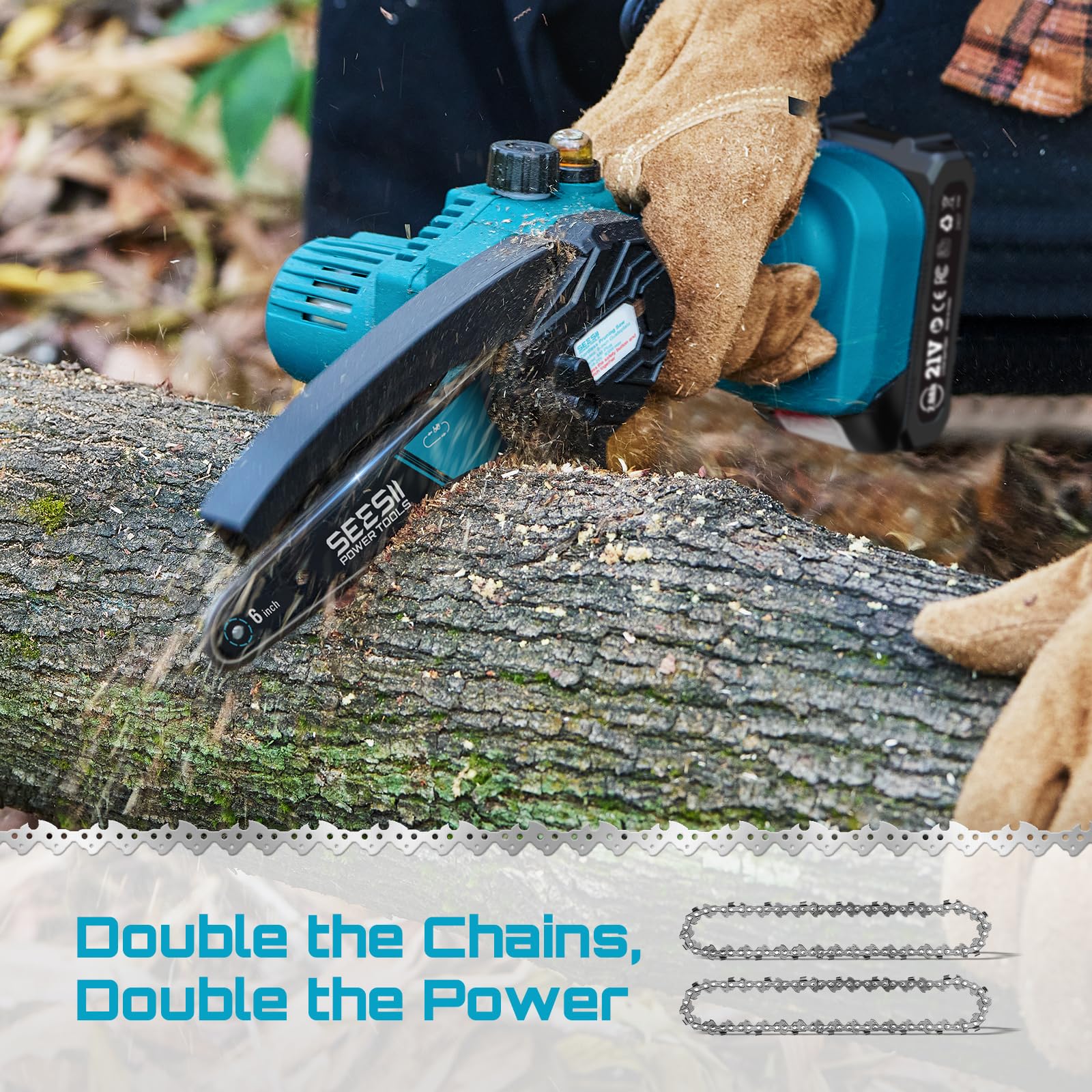 Seesii mini chainsaw in-use cutting wood demonstrates effortless performance