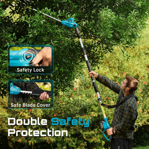 SEESII includes battery, charger, pole, and strap for ready pruning.