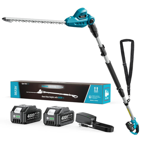 SEESII cordless pole hedge trimmer with extended pole for reach and precise trimming.