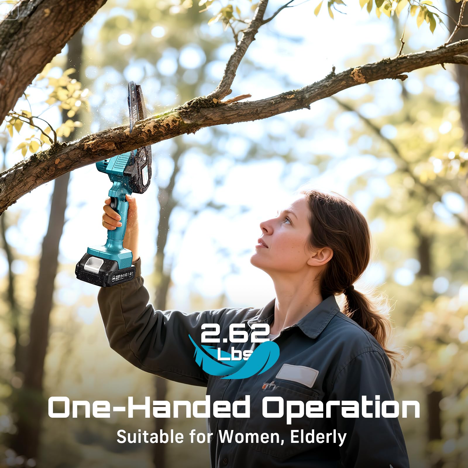 Seesii chainsaw in use in a garden cutting wood efficiently