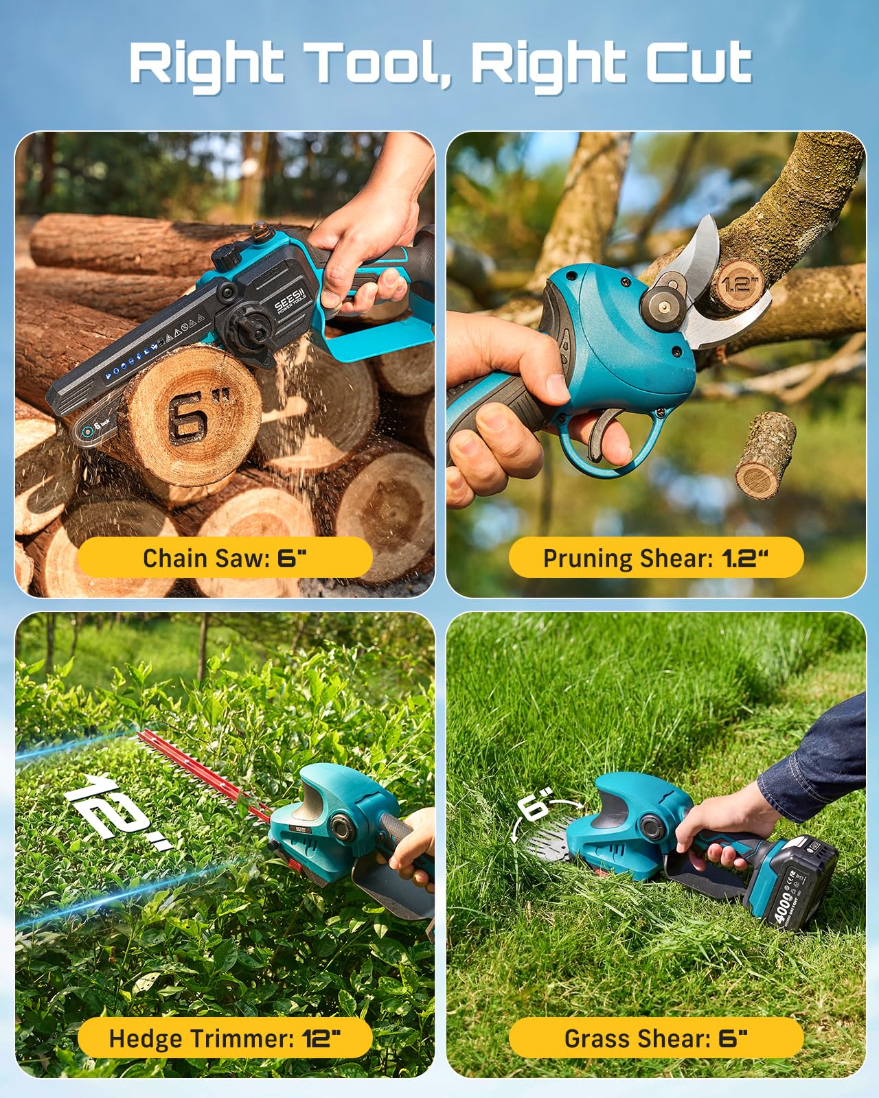 SEESII hedge trimmer head rotated to reach angled shrubs