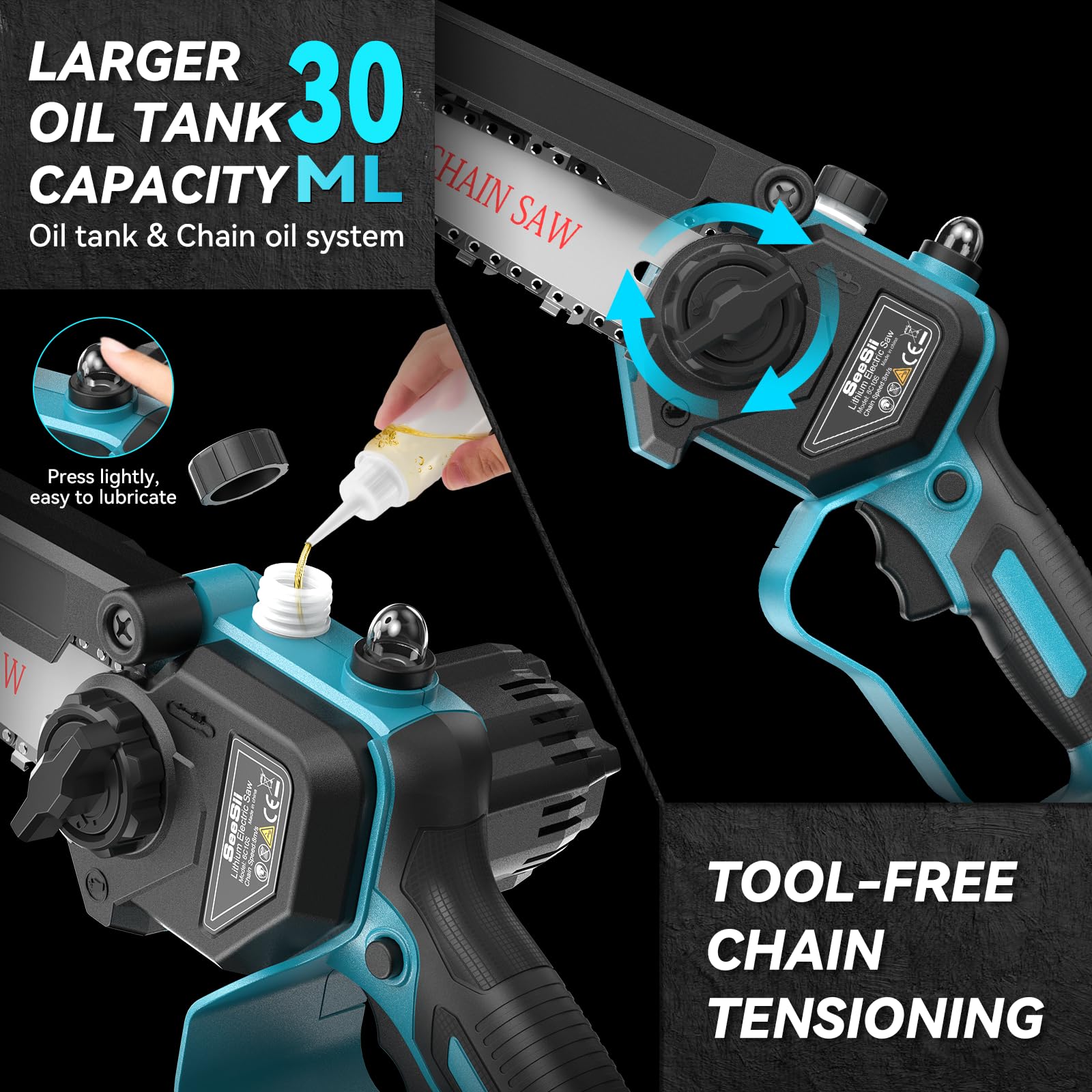 Double-lock safety mechanism on SEESII electric pruner for secure use.