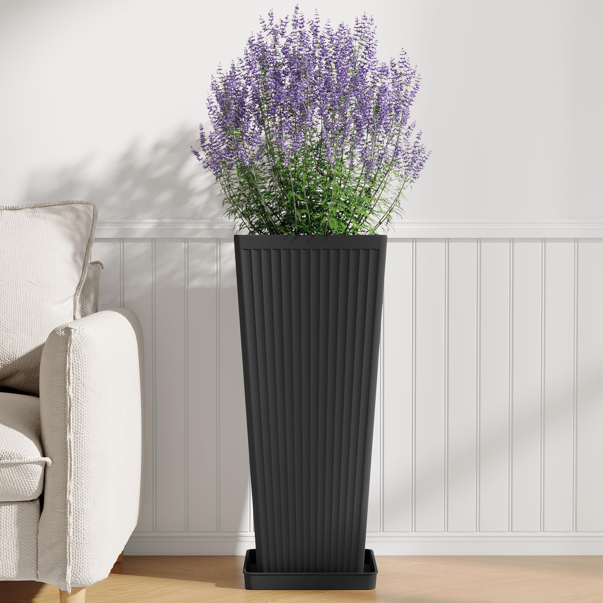 Seethmi tall planters garden patio arrangement emphasizes tall root space.