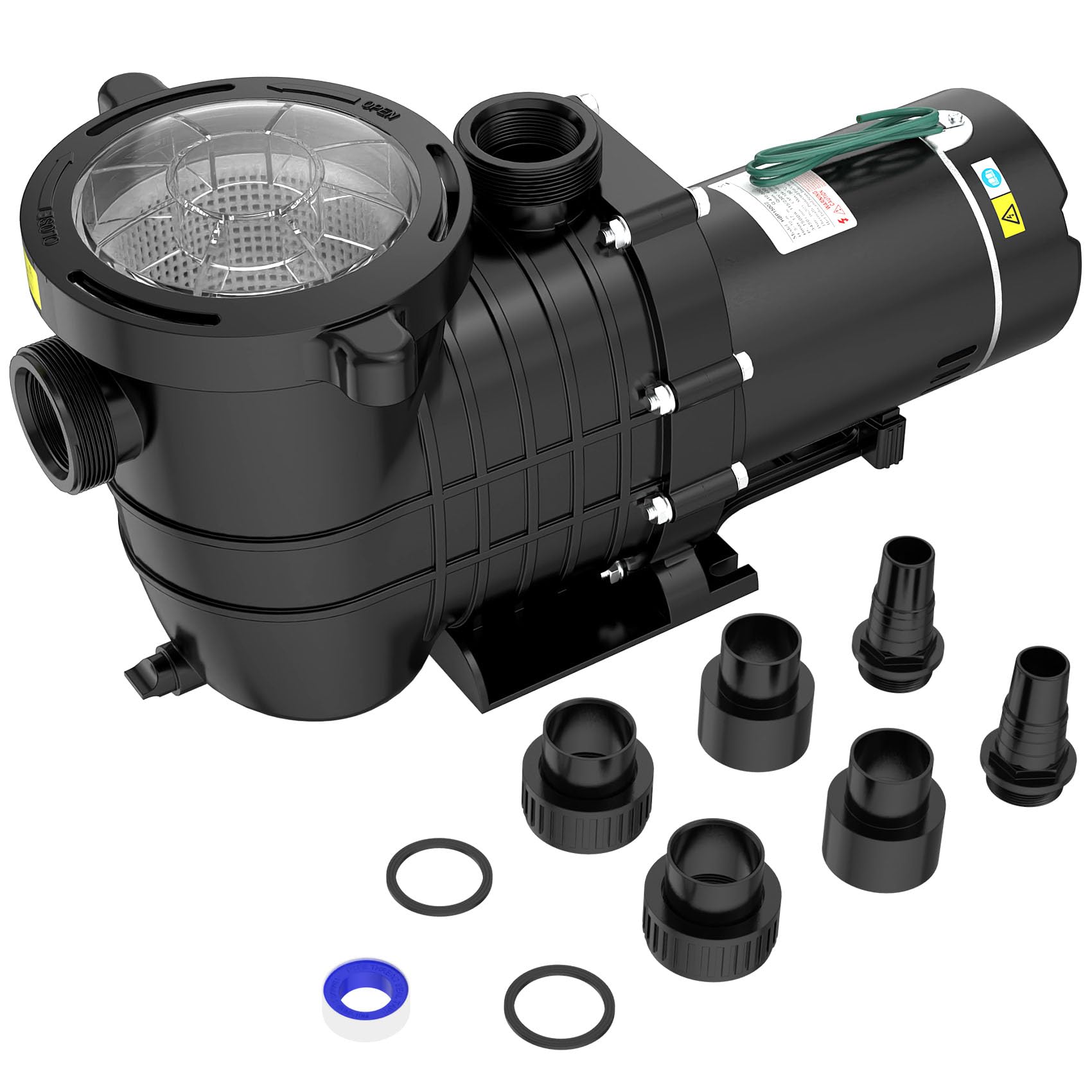 Seeutek 1.5 HP pool pump exterior with dual voltage label for above-ground and inground pools.